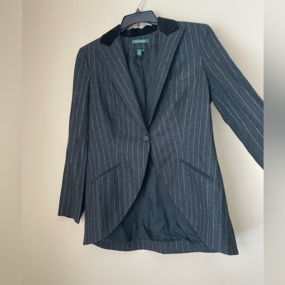 Ralph Lauren Blazer Pinstripe Velvet Collar 100%Lambwool One Button DarkAcademia - Picture 14 of 16